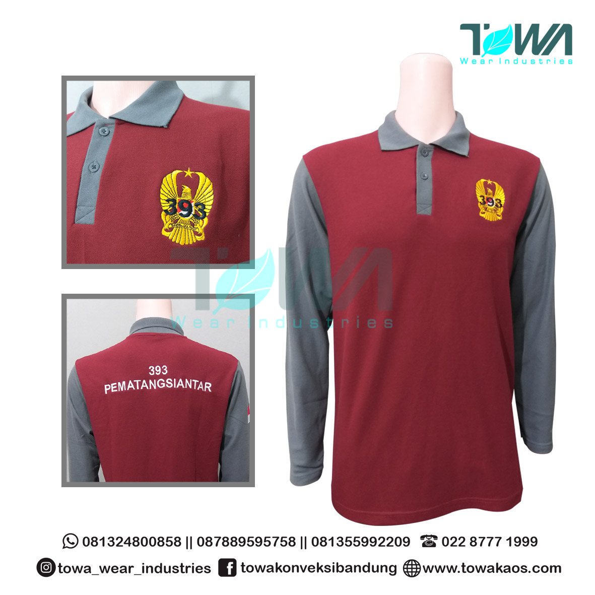Poloshirt Baju Kaos Kerah TNI AD Maroon kombinasi Abu tua Lengan Panjang