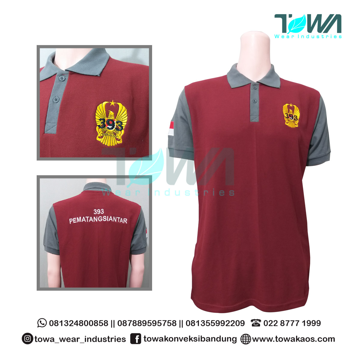 Poloshirt Baju Kaos Kerah TNI AD Maroon kombinasi Abu tua