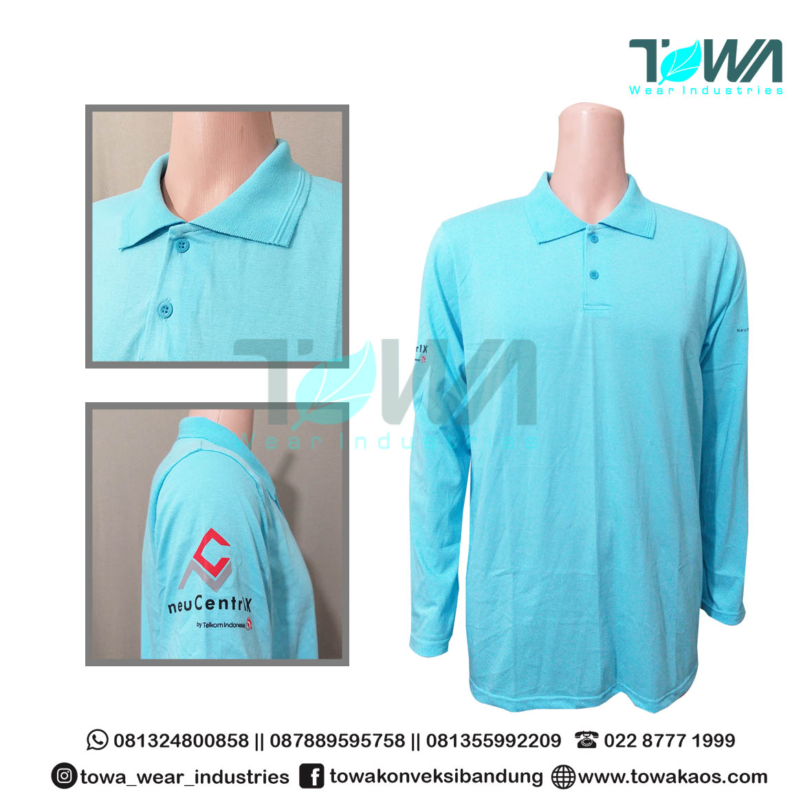 Baju Kaos Kerah Poloshirt Telkom Biru Turkis Muda Sablon Lengan Panjang
