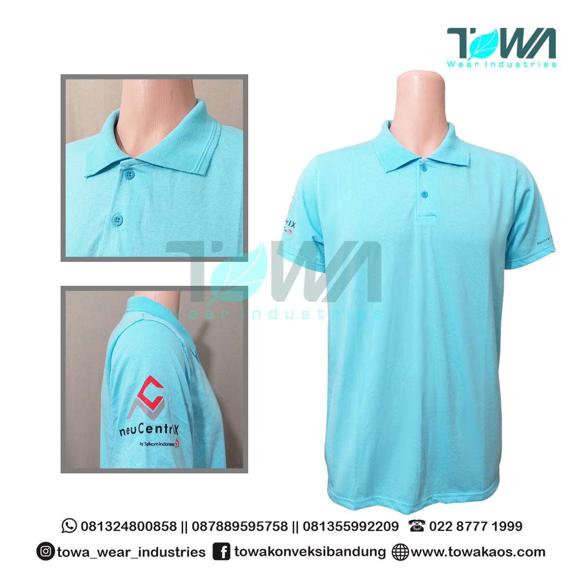Baju Kaos Kerah Poloshirt Telkom Biru Turkis Muda Sablon