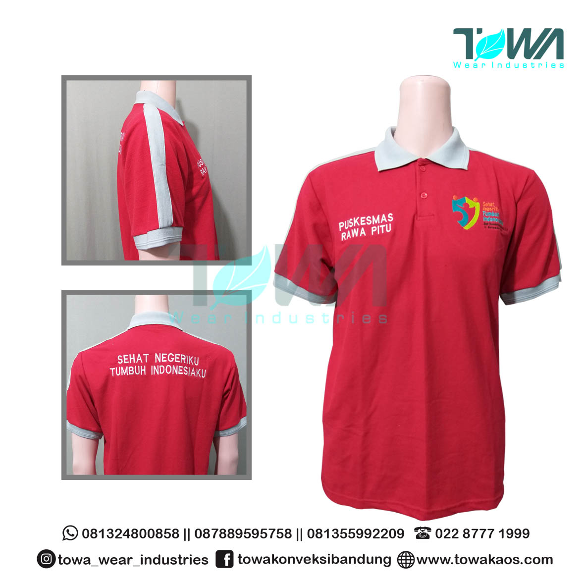 Baju Kaos Kerah Baju Poloshirt HKN Puskesmas Rawa Pitu Merah Mix Abu