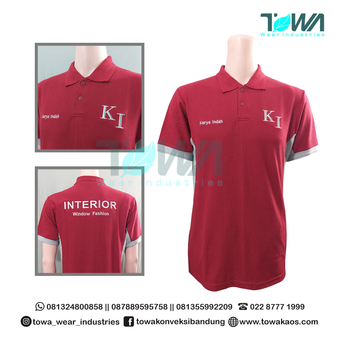 Poloshirt Baju Kaos Kerah Seragam Kerja Karya Indah Maroon Kombinasi Abu Muda