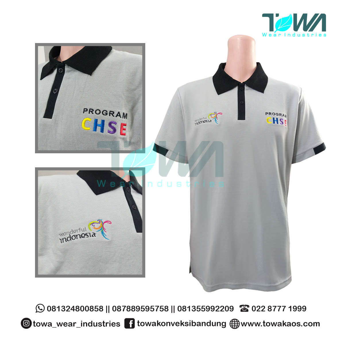 Poloshirt Baju Kaos Kerah Seragam Kerja CHSE Abu Muda kombinasi Hitam Konveksi Pabrik Garment Bandung
