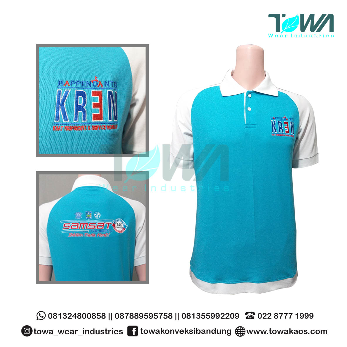 Baju Poloshirt Baju Kerah Reglan Samsat Warna Turkis kombinasi Putih