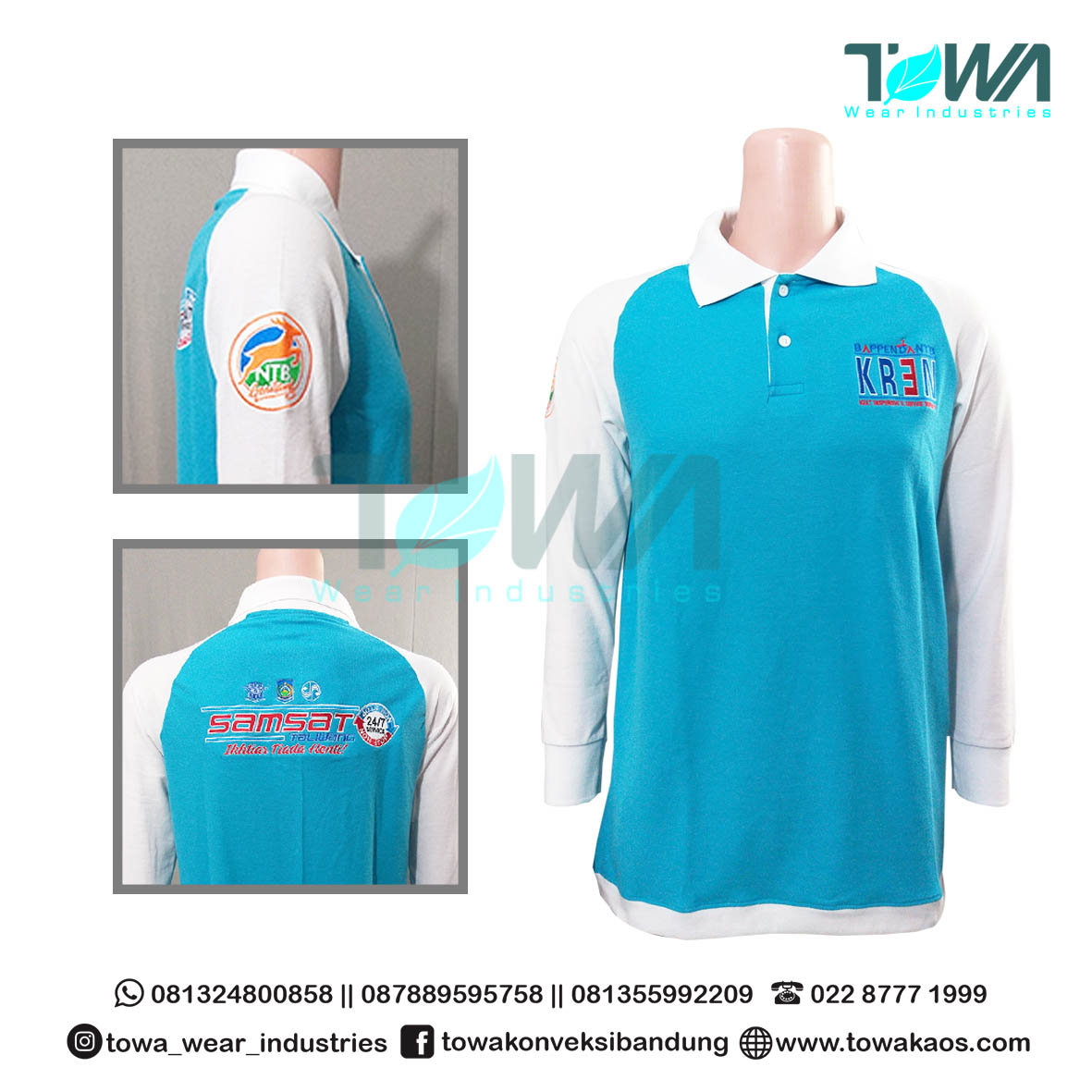 Baju Poloshirt Baju Kerah Reglan Samsat Warna Turkis kombinasi Putih Panjang