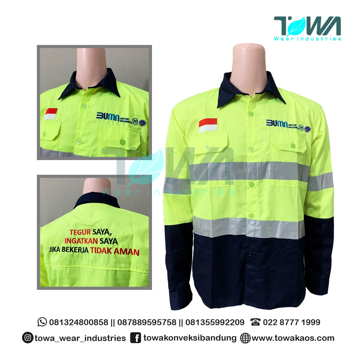 Baju Kemeja Baju Seragam Kerja PT. PP (Persero), Tbk Bahan Drill Hijau Stabilo Navy