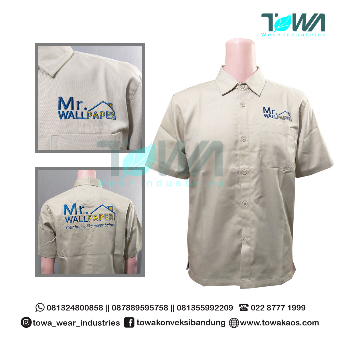 Baju Kemeja Seragam Kerja Mr. Wallpaper Warna Ivory Bordir