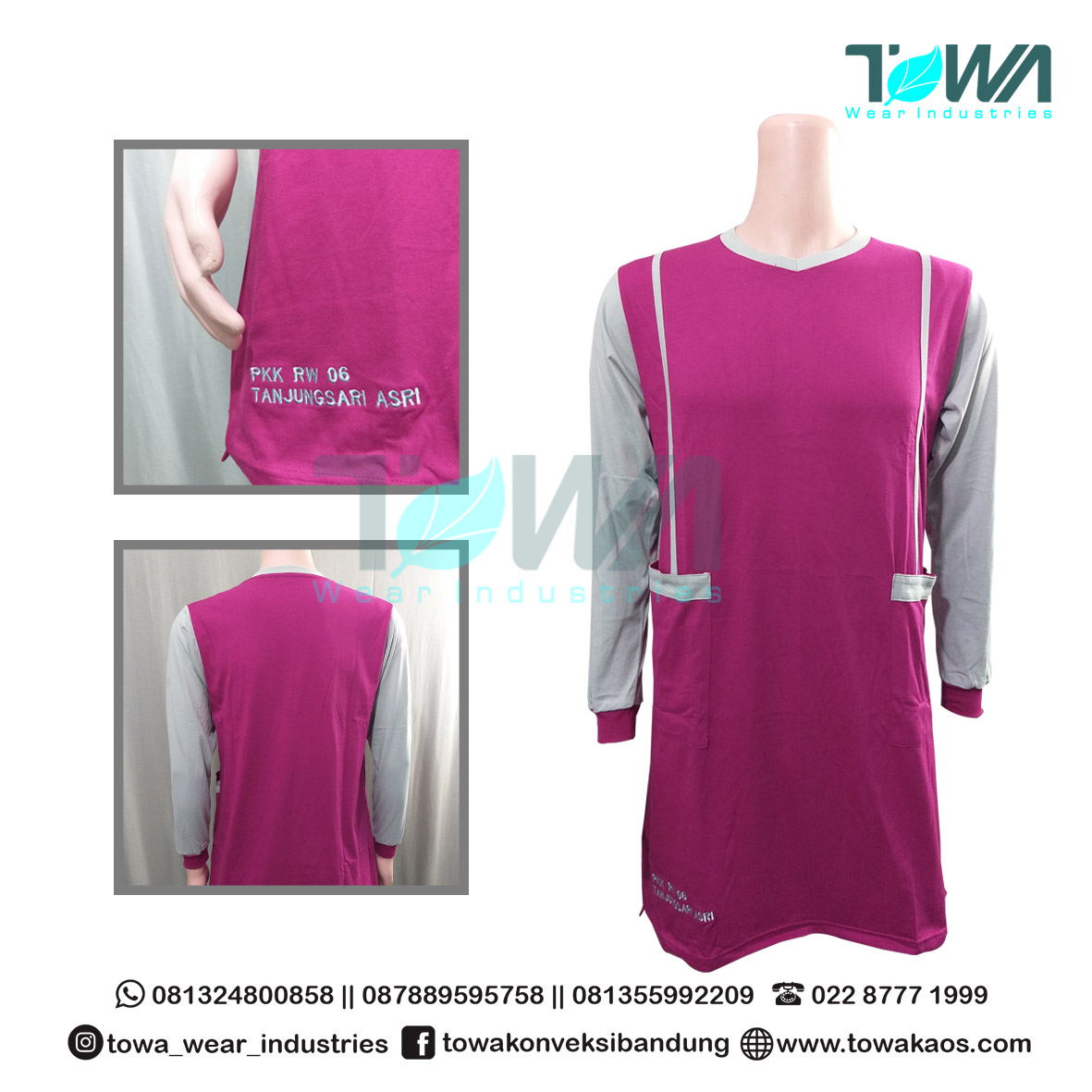 Baju Tunik Perempuan Kaos Tunik PKK Bahan Cotton Combed Katun Magenta mix Abu Muda