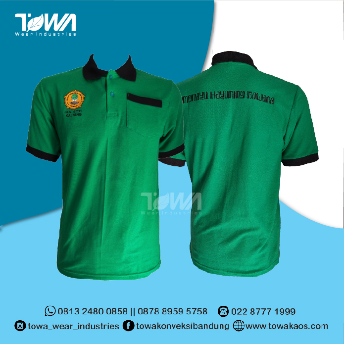 Baju Seragam Poloshirt Kaos Kerah Kombinasi Bahan Lacoste Hijau Fuji Hitam Custom Bordir Logo dan Saku