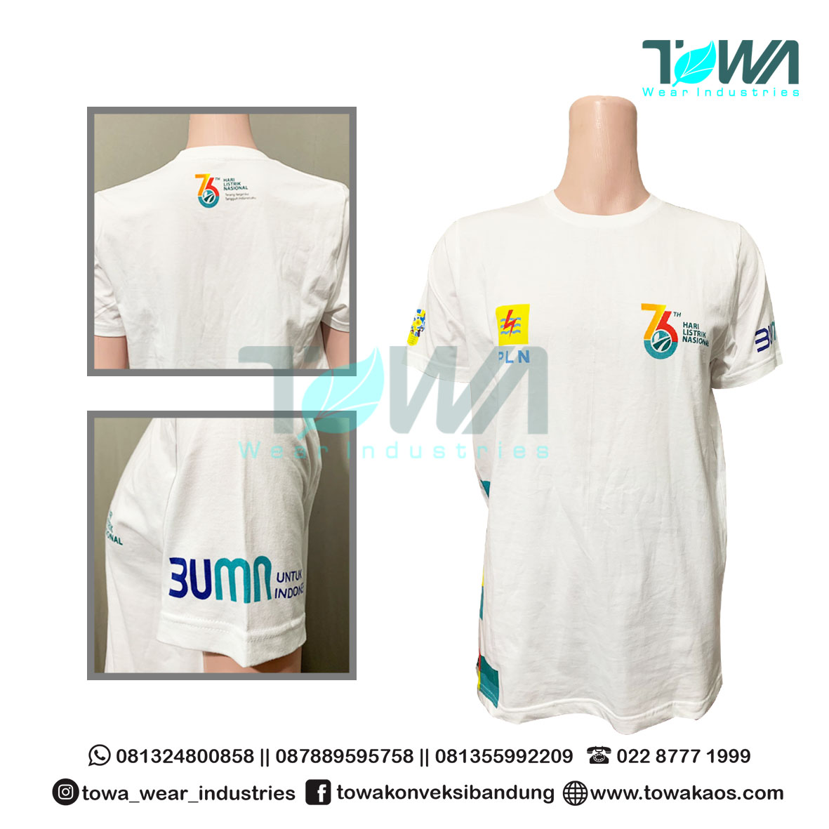 Baju Seragam Kaos Baju Event Hari Listrik Nasional PLN Putih katun combed 24s custom Sablon