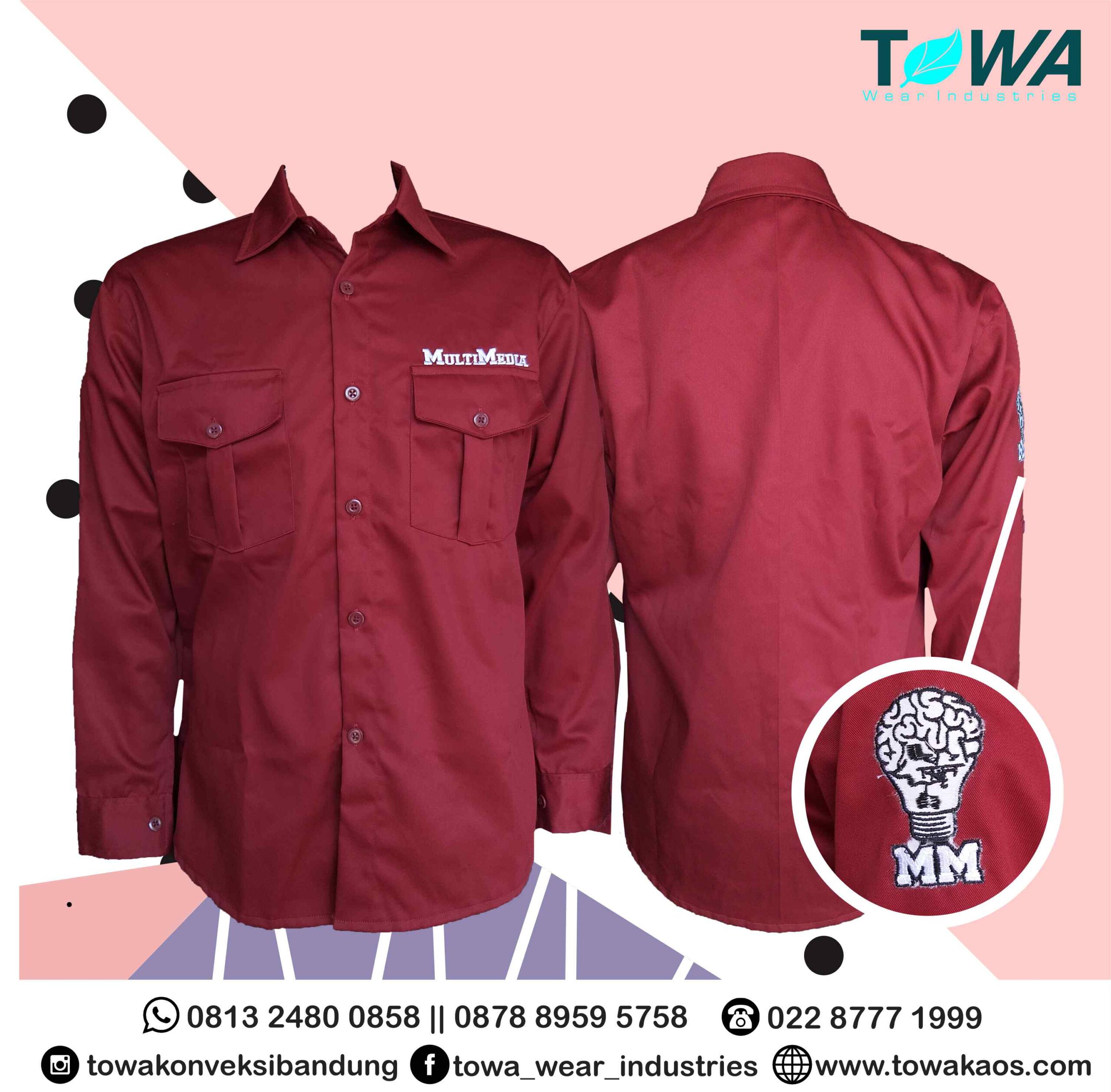 Baju Seragam Kemeja Multimedia Karawang Bahan Japan Drill Warna Maroon Custom Bordir Logo